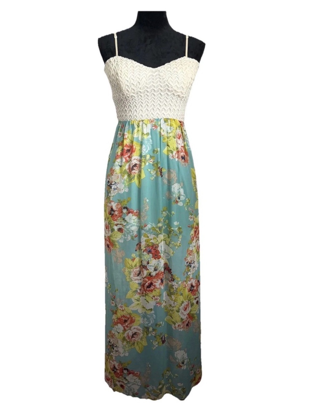 Trixxi Dress Juniors M Floral Crochet Chiffon Cutout Back Maxi Sundress Cottage